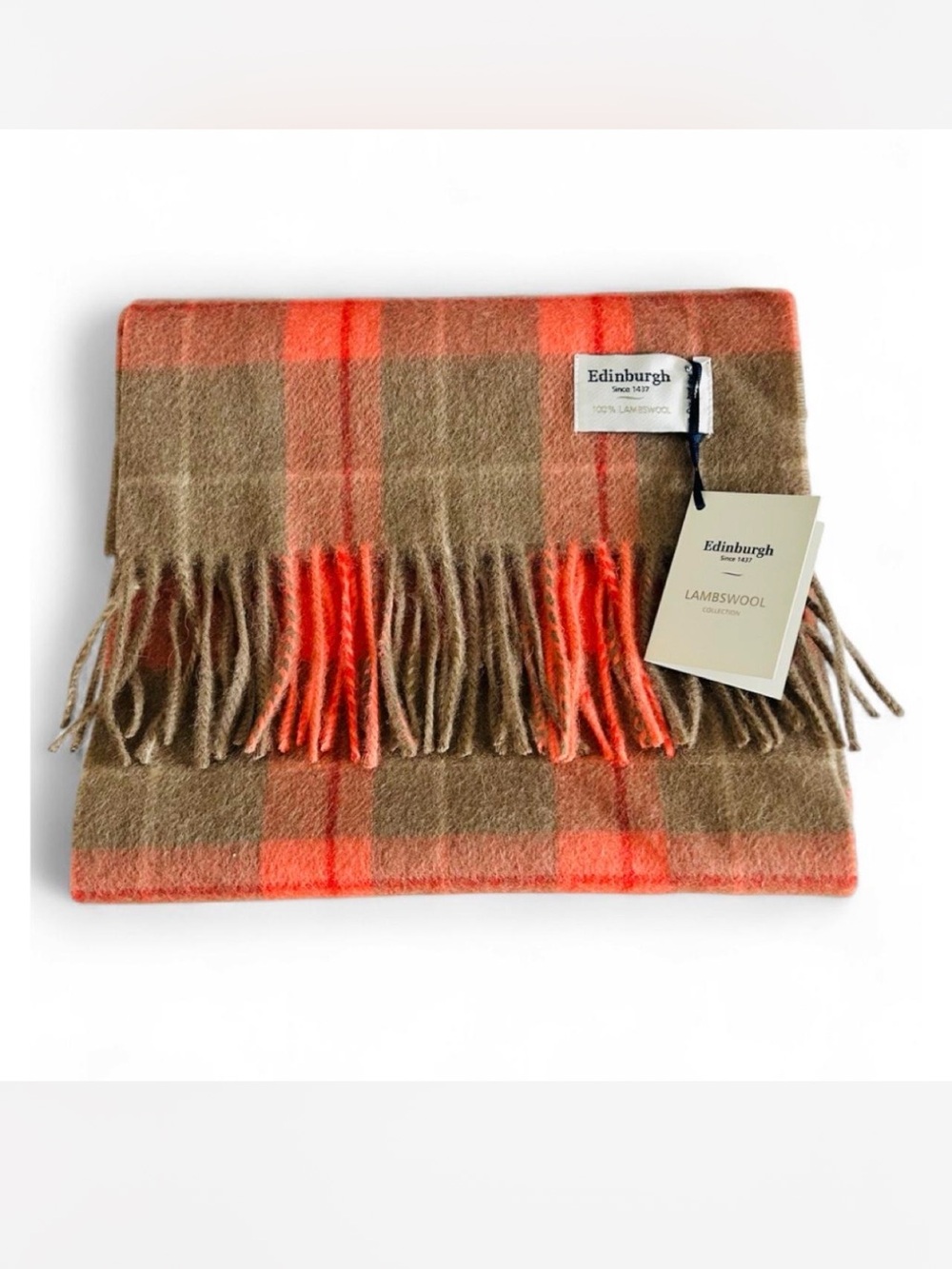 NWT Edinburgh Lambswool Plaid Scarf in Camel and Orange Winter Cozy